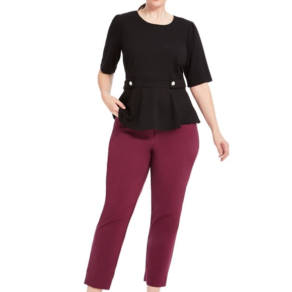 ELOQUII Ponte Knit Peplum Top Pearl Button Details - Picture 3 of 8